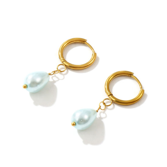 Bild von 1 Paar Umweltfreundliche Vakuumbeschichtung Süß Exquisit Vergoldet Hellblau 304 Edelstahl & Acryl Tropfen Imitat Perle Hoop Ohrringe Für Frauen Geschenk 3.8cm x 1.6cm, Pfosten-/Drahtstärke: 1mm(18 Gauge)
