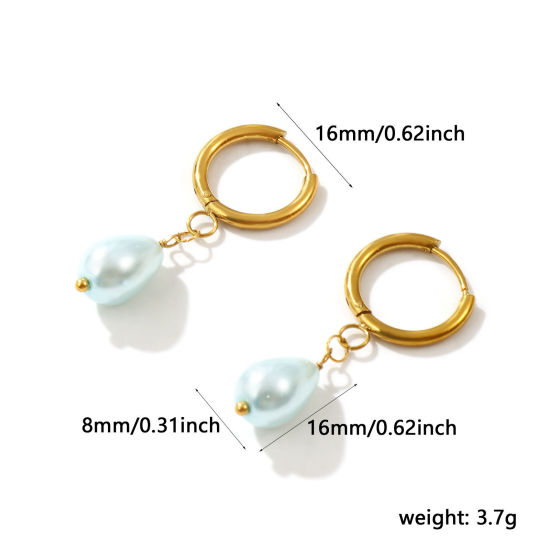 Bild von 1 Paar Umweltfreundliche Vakuumbeschichtung Süß Exquisit Vergoldet Hellblau 304 Edelstahl & Acryl Tropfen Imitat Perle Hoop Ohrringe Für Frauen Geschenk 3.8cm x 1.6cm, Pfosten-/Drahtstärke: 1mm(18 Gauge)