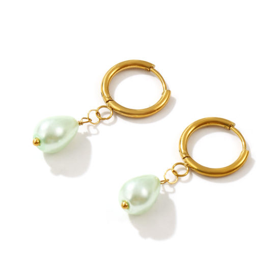 Bild von 1 Paar Umweltfreundliche Vakuumbeschichtung Süß Exquisit Vergoldet Hellgrün 304 Edelstahl & Acryl Tropfen Imitat Perle Hoop Ohrringe Für Frauen Geschenk 3.8cm x 1.6cm, Pfosten-/Drahtstärke: 1mm(18 Gauge)