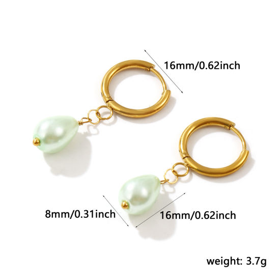 Bild von 1 Paar Umweltfreundliche Vakuumbeschichtung Süß Exquisit Vergoldet Hellgrün 304 Edelstahl & Acryl Tropfen Imitat Perle Hoop Ohrringe Für Frauen Geschenk 3.8cm x 1.6cm, Pfosten-/Drahtstärke: 1mm(18 Gauge)