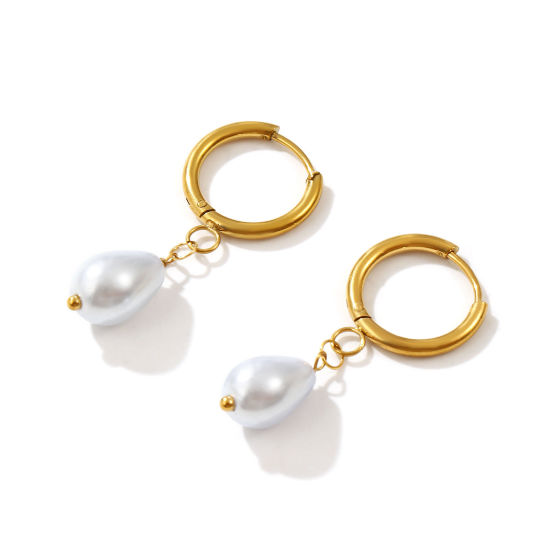 Bild von 1 Paar Umweltfreundliche Vakuumbeschichtung Süß Exquisit Vergoldet Helllila 304 Edelstahl & Acryl Tropfen Imitat Perle Hoop Ohrringe Für Frauen Geschenk 3.8cm x 1.6cm, Pfosten-/Drahtstärke: 1mm(18 Gauge)