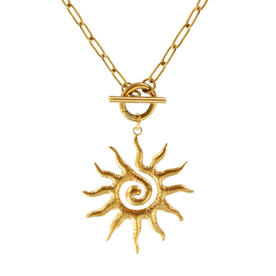 Immagine di 18K Vero Oro Placcato Catena a Graffetta Sole Collana con Ciondolo, 304 Acciaio Inossidabile 45cm, Per Donne, Spirale Galassia Retrò Regalo, Placcatura Sottovuoto PVD Ecologica, 1 Pz
