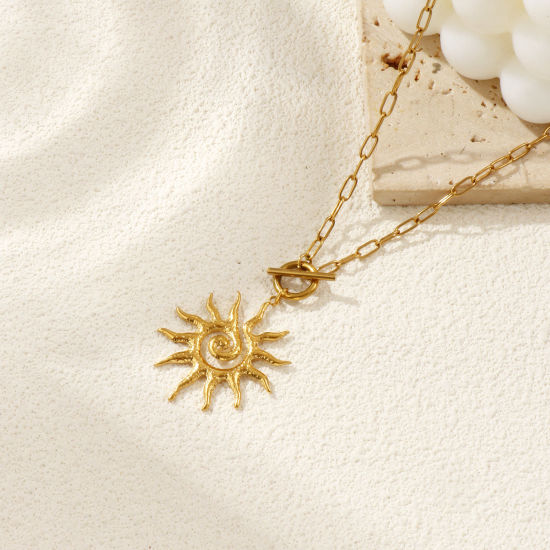 Immagine di 18K Vero Oro Placcato Catena a Graffetta Sole Collana con Ciondolo, 304 Acciaio Inossidabile 45cm, Per Donne, Spirale Galassia Retrò Regalo, Placcatura Sottovuoto PVD Ecologica, 1 Pz