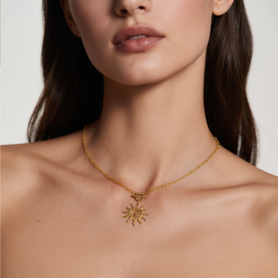 Imagen de 18K Oro Real Chapado Catena di Fermagli Sol Collar con Colgante, 304 Acero Inoxidable 45cm, Para Mujeres, Hélice Galaxia Retro Regalo, Recubrimiento al Vacío PVD Ecológico, 1 Unidad