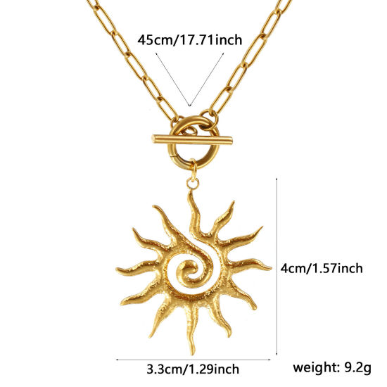 Immagine di 18K Vero Oro Placcato Catena a Graffetta Sole Collana con Ciondolo, 304 Acciaio Inossidabile 45cm, Per Donne, Spirale Galassia Retrò Regalo, Placcatura Sottovuoto PVD Ecologica, 1 Pz