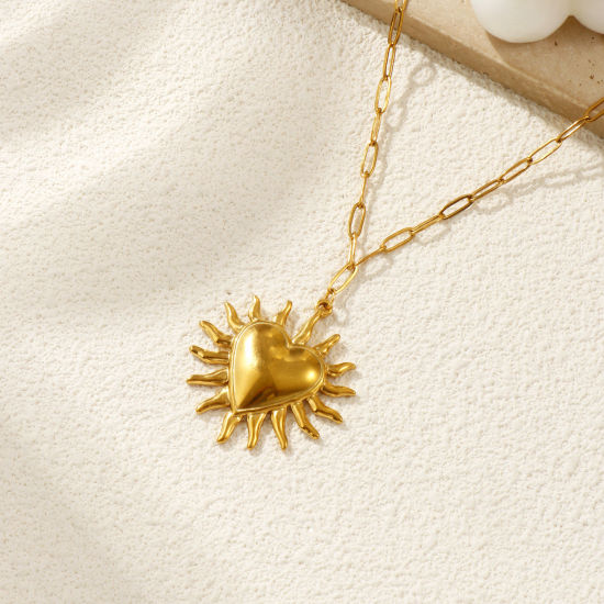 18Kリアルゴールドメッキ ペーパークリップチェーン メキシコ聖心ハート ペンダントネックレス、 304ステンレス鋼 60cm、 女性のため、 宗教 レトロ ビンテージ プレゼント、 エコフレンドリー PVD真空メッキ、 1 本 の画像