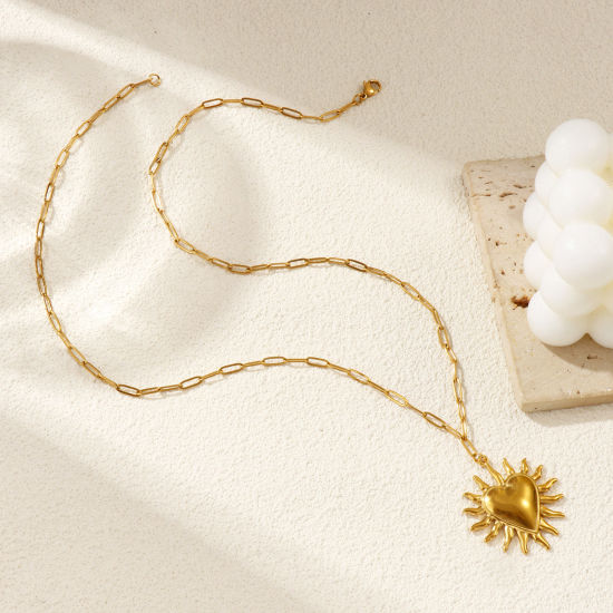 18Kリアルゴールドメッキ ペーパークリップチェーン メキシコ聖心ハート ペンダントネックレス、 304ステンレス鋼 60cm、 女性のため、 宗教 レトロ ビンテージ プレゼント、 エコフレンドリー PVD真空メッキ、 1 本 の画像