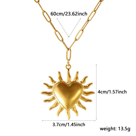 18Kリアルゴールドメッキ ペーパークリップチェーン メキシコ聖心ハート ペンダントネックレス、 304ステンレス鋼 60cm、 女性のため、 宗教 レトロ ビンテージ プレゼント、 エコフレンドリー PVD真空メッキ、 1 本 の画像