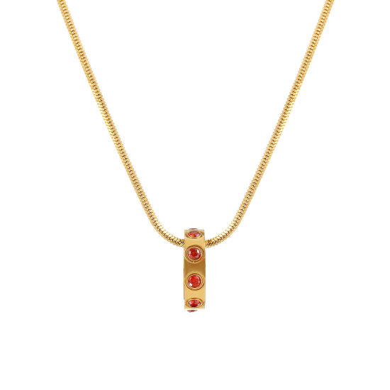 Immagine di 18K Vero Oro Placcato Catena a Serpentina Quadrata Anello Collana con Ciondolo, 304 Acciaio Inossidabile 45cm + 5cm, Per Donne, Rosso Arancione Cubic Zirconiae Gennaio Pietre Nascita Elegante Regalo, Placcatura Sottovuoto PVD Ecologica, 1 Pz