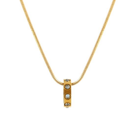 Immagine di 18K Vero Oro Placcato Catena a Serpentina Quadrata Anello Collana con Ciondolo, 304 Acciaio Inossidabile 45cm + 5cm, Per Donne, Acqua Blu Cubic Zirconiae Marzo Pietre Nascita Elegante Regalo, Placcatura Sottovuoto PVD Ecologica, 1 Pz