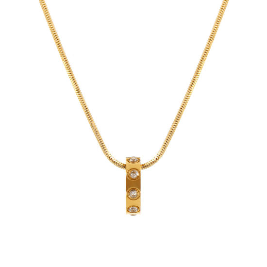 Immagine di 18K Vero Oro Placcato Catena a Serpentina Quadrata Anello Collana con Ciondolo, 304 Acciaio Inossidabile 45cm + 5cm, Per Donne, Trasparente Cubic Zirconiae Aprile Pietre Nascita Elegante Regalo, Placcatura Sottovuoto PVD Ecologica, 1 Pz