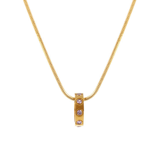 Immagine di 18K Vero Oro Placcato Catena a Serpentina Quadrata Anello Collana con Ciondolo, 304 Acciaio Inossidabile 45cm + 5cm, Per Donne, Viola Pallido Cubic Zirconiae Giugno Pietre Nascita Elegante Regalo, Placcatura Sottovuoto PVD Ecologica, 1 Pz