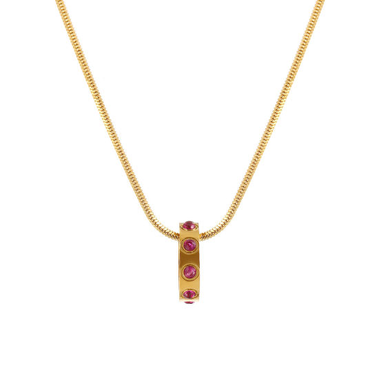 Immagine di 18K Vero Oro Placcato Catena a Serpentina Quadrata Anello Collana con Ciondolo, 304 Acciaio Inossidabile 45cm + 5cm, Per Donne, Fuscia Cubic Zirconiae Luglio Pietre Nascita Elegante Regalo, Placcatura Sottovuoto PVD Ecologica, 1 Pz