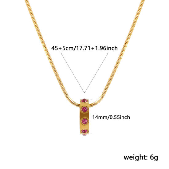 Immagine di 18K Vero Oro Placcato Catena a Serpentina Quadrata Anello Collana con Ciondolo, 304 Acciaio Inossidabile 45cm + 5cm, Per Donne, Fuscia Cubic Zirconiae Luglio Pietre Nascita Elegante Regalo, Placcatura Sottovuoto PVD Ecologica, 1 Pz