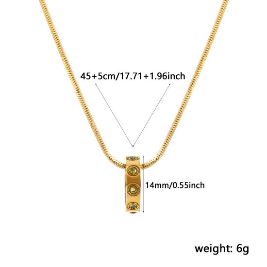 Immagine di 18K Vero Oro Placcato Catena a Serpentina Quadrata Anello Collana con Ciondolo, 304 Acciaio Inossidabile 45cm + 5cm, Per Donne, Verde Oliva Cubic Zirconiae Agosto Pietre Nascita Elegante Regalo, Placcatura Sottovuoto PVD Ecologica, 1 Pz