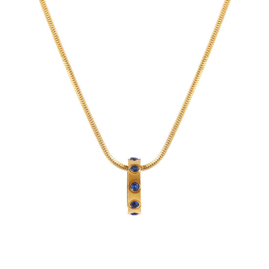 Immagine di 18K Vero Oro Placcato Catena a Serpentina Quadrata Anello Collana con Ciondolo, 304 Acciaio Inossidabile 45cm + 5cm, Per Donne, Blu Marino Cubic Zirconiae Settembre Pietre Nascita Elegante Regalo, Placcatura Sottovuoto PVD Ecologica, 1 Pz