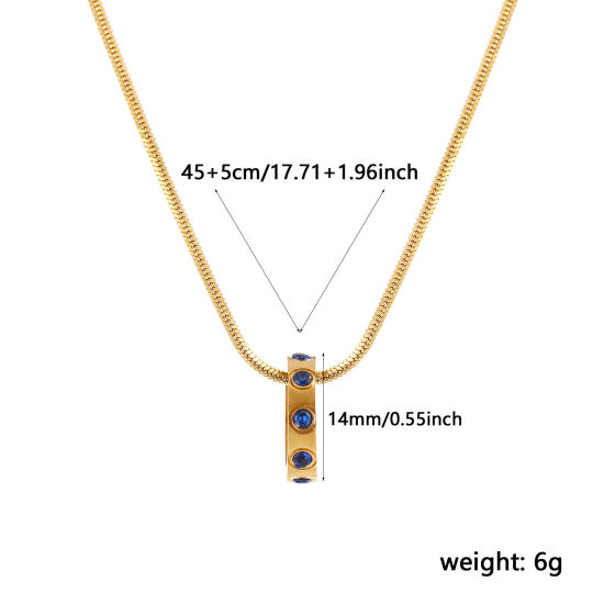 Immagine di 18K Vero Oro Placcato Catena a Serpentina Quadrata Anello Collana con Ciondolo, 304 Acciaio Inossidabile 45cm + 5cm, Per Donne, Blu Marino Cubic Zirconiae Settembre Pietre Nascita Elegante Regalo, Placcatura Sottovuoto PVD Ecologica, 1 Pz