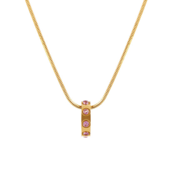 Immagine di 18K Vero Oro Placcato Catena a Serpentina Quadrata Anello Collana con Ciondolo, 304 Acciaio Inossidabile 45cm + 5cm, Per Donne, Rosa Viola Cubic Zirconiae Ottobre Pietre Nascita Elegante Regalo, Placcatura Sottovuoto PVD Ecologica, 1 Pz
