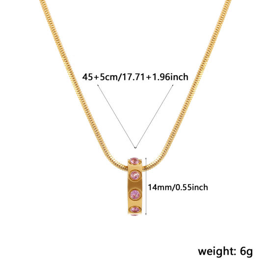Immagine di 18K Vero Oro Placcato Catena a Serpentina Quadrata Anello Collana con Ciondolo, 304 Acciaio Inossidabile 45cm + 5cm, Per Donne, Rosa Viola Cubic Zirconiae Ottobre Pietre Nascita Elegante Regalo, Placcatura Sottovuoto PVD Ecologica, 1 Pz