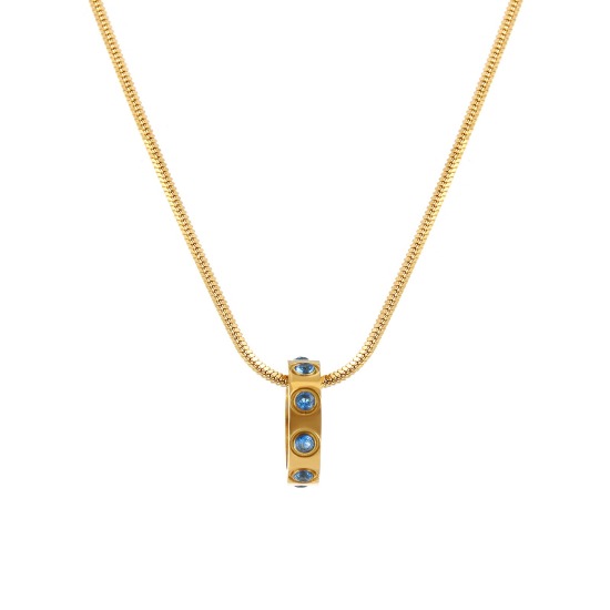 Immagine di 18K Vero Oro Placcato Catena a Serpentina Quadrata Anello Collana con Ciondolo, 304 Acciaio Inossidabile 45cm + 5cm, Per Donne, Lago Blu Cubic Zirconiae Dicembre Pietre Nascita Elegante Regalo, Placcatura Sottovuoto PVD Ecologica, 1 Pz
