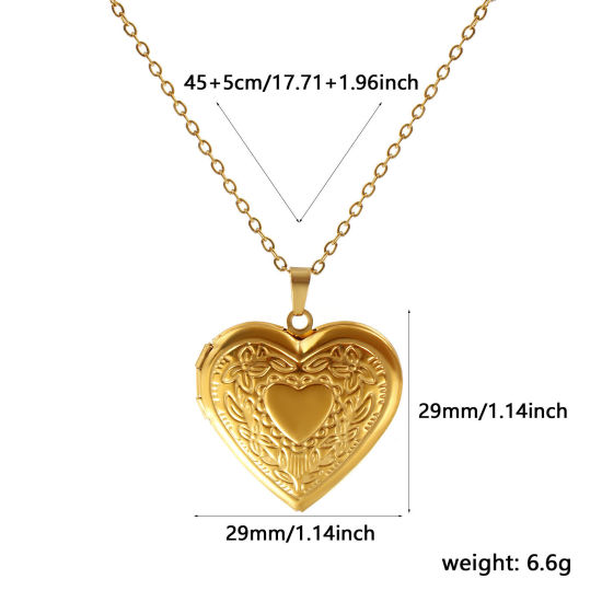 Immagine di 18K Vero Oro Placcato Catena a Cavo Cuore Collana con Ciondolo, 304 Acciaio Inossidabile 45cm + 5cm, Per Donne, Ghirlanda Possibile Aprire, Picture Photo Frame Locket Retrò Regalo, Placcatura Sottovuoto PVD Ecologica, 1 Pz