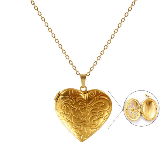 Immagine di 18K Vero Oro Placcato Catena a Cavo Cuore Collana con Ciondolo, 304 Acciaio Inossidabile 45cm + 5cm, Per Donne, Intagliato Possibile Aprire, Picture Photo Frame Locket Retrò Regalo, Placcatura Sottovuoto PVD Ecologica, 1 Pz
