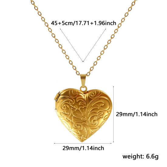 Immagine di 18K Vero Oro Placcato Catena a Cavo Cuore Collana con Ciondolo, 304 Acciaio Inossidabile 45cm + 5cm, Per Donne, Intagliato Possibile Aprire, Picture Photo Frame Locket Retrò Regalo, Placcatura Sottovuoto PVD Ecologica, 1 Pz