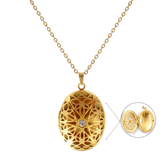 Immagine di 18K Vero Oro Placcato Catena a Cavo Ovale Collana con Ciondolo, 304 Acciaio Inossidabile 45cm + 5cm, Per Donne, Trasparente Strass Filigrana Possibile Aprire, Picture Photo Frame Locket Retrò Regalo, Placcatura Sottovuoto PVD Ecologica, 1 Pz
