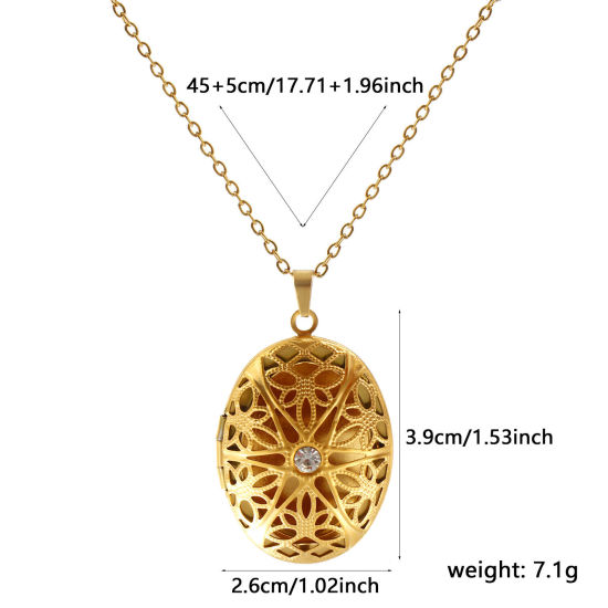 Immagine di 18K Vero Oro Placcato Catena a Cavo Ovale Collana con Ciondolo, 304 Acciaio Inossidabile 45cm + 5cm, Per Donne, Trasparente Strass Filigrana Possibile Aprire, Picture Photo Frame Locket Retrò Regalo, Placcatura Sottovuoto PVD Ecologica, 1 Pz