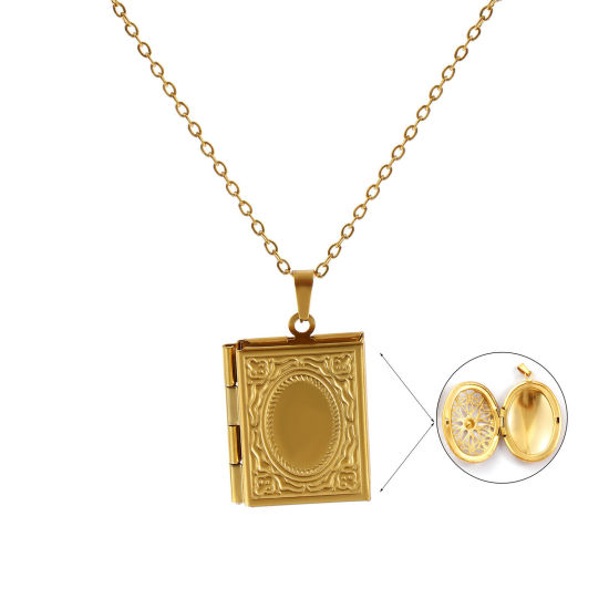 Immagine di 18K Vero Oro Placcato Catena a Cavo Libro Collana con Ciondolo, 304 Acciaio Inossidabile 45cm + 5cm, Per Donne, Intagliato Possibile Aprire, Picture Photo Frame Locket Retrò Regalo, Placcatura Sottovuoto PVD Ecologica, 1 Pz