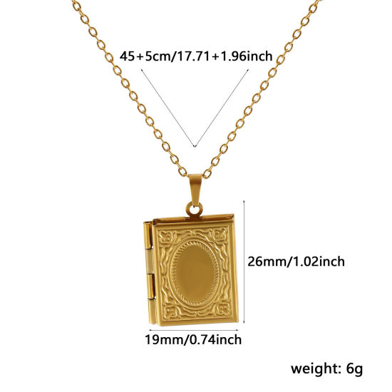 Immagine di 18K Vero Oro Placcato Catena a Cavo Libro Collana con Ciondolo, 304 Acciaio Inossidabile 45cm + 5cm, Per Donne, Intagliato Possibile Aprire, Picture Photo Frame Locket Retrò Regalo, Placcatura Sottovuoto PVD Ecologica, 1 Pz