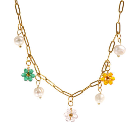 Picture of 18K Real Gold Plated Paperclip Link Chain Flower Pendant Charm Necklace, 304 Stainless Steel & Natural Pearl 42cm(16.5") + 5cm(2"), For Women, Multicolor Exquisite Natural Pastoral Gift, Eco-friendly PVD Vacuum Plating, 1 Piece
