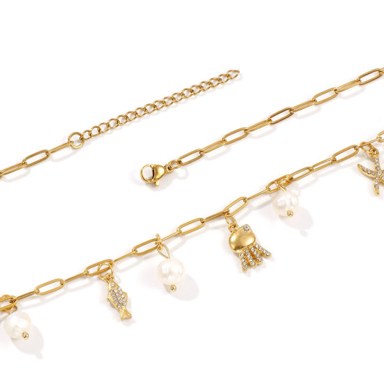 Bild von 18K Echtgold plattiert Büroklammerkette Kraken Anhänger Halskette, 304 Edelstahl & Naturperle 42cm + 5cm, Für Frauen, Klar Zirkonia Weiß Ozean Schmuck Stilvoll Geschenk, Umweltfreundliche PVD-Vakuumbeschichtung, 1 Strang