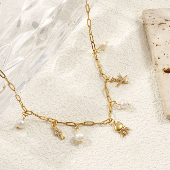 Bild von 18K Echtgold plattiert Büroklammerkette Kraken Anhänger Halskette, 304 Edelstahl & Naturperle 42cm + 5cm, Für Frauen, Klar Zirkonia Weiß Ozean Schmuck Stilvoll Geschenk, Umweltfreundliche PVD-Vakuumbeschichtung, 1 Strang