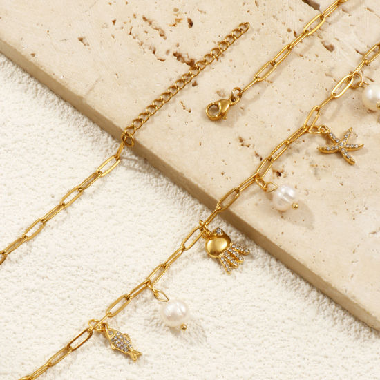 Bild von 18K Echtgold plattiert Büroklammerkette Kraken Anhänger Halskette, 304 Edelstahl & Naturperle 42cm + 5cm, Für Frauen, Klar Zirkonia Weiß Ozean Schmuck Stilvoll Geschenk, Umweltfreundliche PVD-Vakuumbeschichtung, 1 Strang