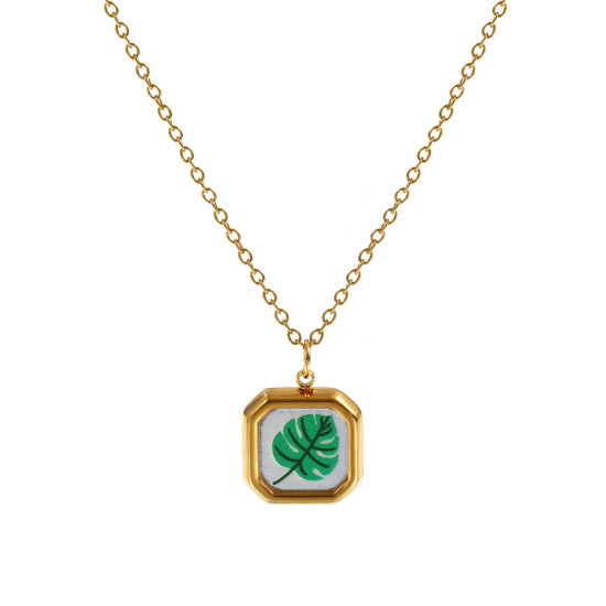 Immagine di 18K Vero Oro Placcato Catena a Cavo Ottagono Collana con Ciondolo, 304 Acciaio Inossidabile 45cm + 5cm, Per Donne, Foglia di Monstera Verde Stampato, Squisito Pastorale Naturale Regalo, Placcatura Sottovuoto PVD Ecologica, 1 Pz