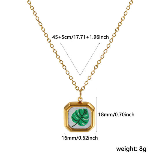 Immagine di 18K Vero Oro Placcato Catena a Cavo Ottagono Collana con Ciondolo, 304 Acciaio Inossidabile 45cm + 5cm, Per Donne, Foglia di Monstera Verde Stampato, Squisito Pastorale Naturale Regalo, Placcatura Sottovuoto PVD Ecologica, 1 Pz