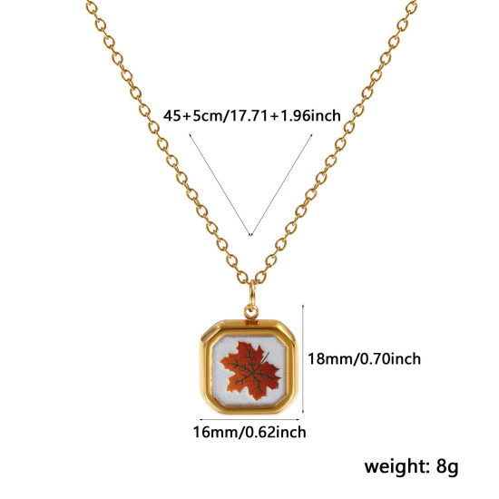 Immagine di 18K Vero Oro Placcato Catena a Cavo Ottagono Collana con Ciondolo, 304 Acciaio Inossidabile 45cm + 5cm, Per Donne, Foglia d'Acero Marrone Stampato, Squisito Pastorale Naturale Regalo, Placcatura Sottovuoto PVD Ecologica, 1 Pz
