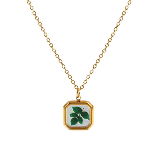 Immagine di 18K Vero Oro Placcato Catena a Cavo Ottagono Collana con Ciondolo, 304 Acciaio Inossidabile 45cm + 5cm, Per Donne, Foglia di Eucalipto Verde Stampato, Squisito Pastorale Naturale Regalo, Placcatura Sottovuoto PVD Ecologica, 1 Pz