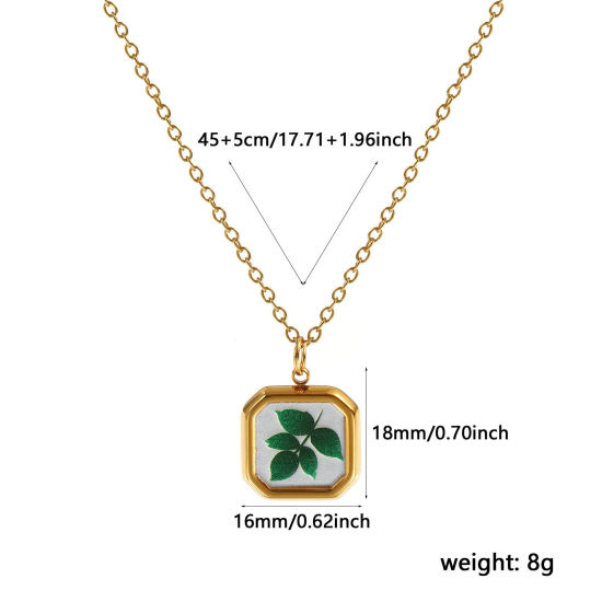 Immagine di 18K Vero Oro Placcato Catena a Cavo Ottagono Collana con Ciondolo, 304 Acciaio Inossidabile 45cm + 5cm, Per Donne, Foglia di Eucalipto Verde Stampato, Squisito Pastorale Naturale Regalo, Placcatura Sottovuoto PVD Ecologica, 1 Pz