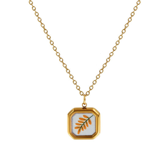 Immagine di 18K Vero Oro Placcato Catena a Cavo Ottagono Collana con Ciondolo, 304 Acciaio Inossidabile 45cm + 5cm, Per Donne, Foglia Arancione Stampato, Squisito Pastorale Naturale Regalo, Placcatura Sottovuoto PVD Ecologica, 1 Pz