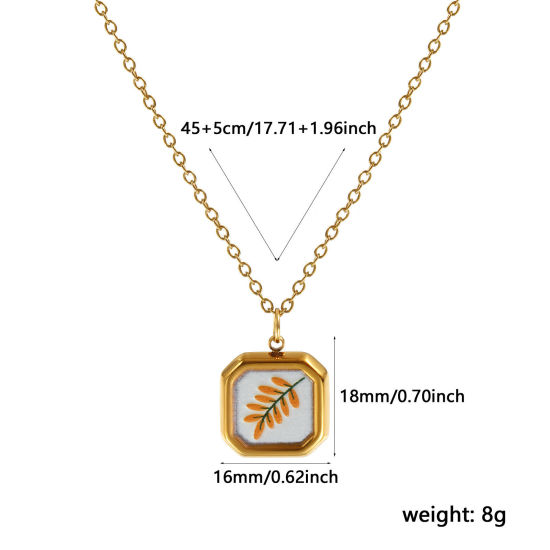 Immagine di 18K Vero Oro Placcato Catena a Cavo Ottagono Collana con Ciondolo, 304 Acciaio Inossidabile 45cm + 5cm, Per Donne, Foglia Arancione Stampato, Squisito Pastorale Naturale Regalo, Placcatura Sottovuoto PVD Ecologica, 1 Pz
