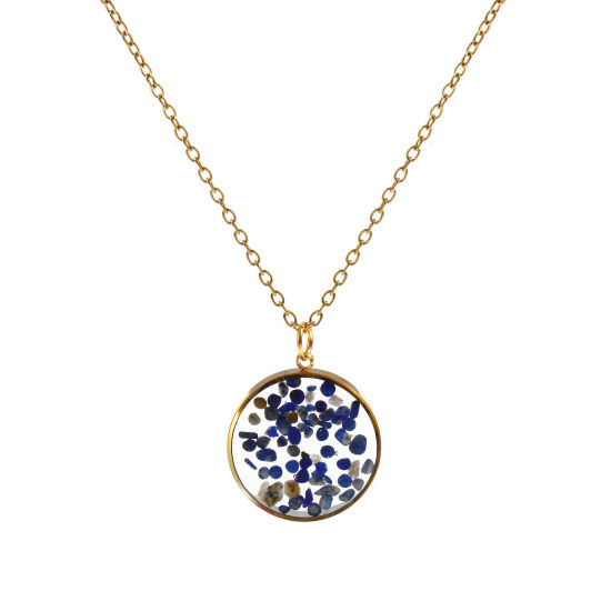 Immagine di 18K Vero Oro Placcato Catena a Cavo Tondo Collana con Ciondolo, 304 Acciaio Inossidabile & Gemma 45cm + 5cm, Per Donne, Blu Gioielli in Resina Fatti a Mano Ghiaia Reale Elegante Regalo, Placcatura Sottovuoto PVD Ecologica, 1 Pz