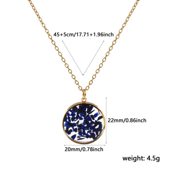 Immagine di 18K Vero Oro Placcato Catena a Cavo Tondo Collana con Ciondolo, 304 Acciaio Inossidabile & Gemma 45cm + 5cm, Per Donne, Blu Scuro Gioielli in Resina Fatti a Mano Ghiaia Reale Elegante Regalo, Placcatura Sottovuoto PVD Ecologica, 1 Pz