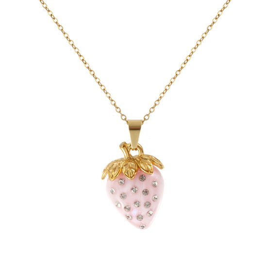 Immagine di 18K Vero Oro Placcato Catena a Cavo Fragola Collana con Ciondolo, Acciaio Inossidabile & Resina 45cm + 5cm, Per Donne, Trasparente Strass Rosa Chiaro Madreperla, Squisito Dolce & Carino Regalo, Placcatura Sottovuoto PVD Ecologica, 1 Pz
