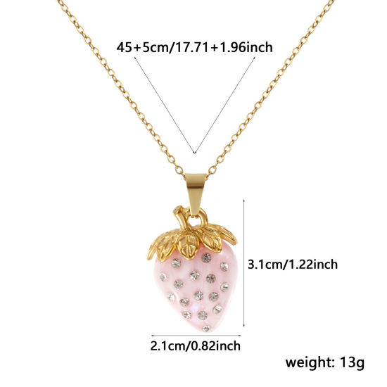 Immagine di 18K Vero Oro Placcato Catena a Cavo Fragola Collana con Ciondolo, Acciaio Inossidabile & Resina 45cm + 5cm, Per Donne, Trasparente Strass Rosa Chiaro Madreperla, Squisito Dolce & Carino Regalo, Placcatura Sottovuoto PVD Ecologica, 1 Pz