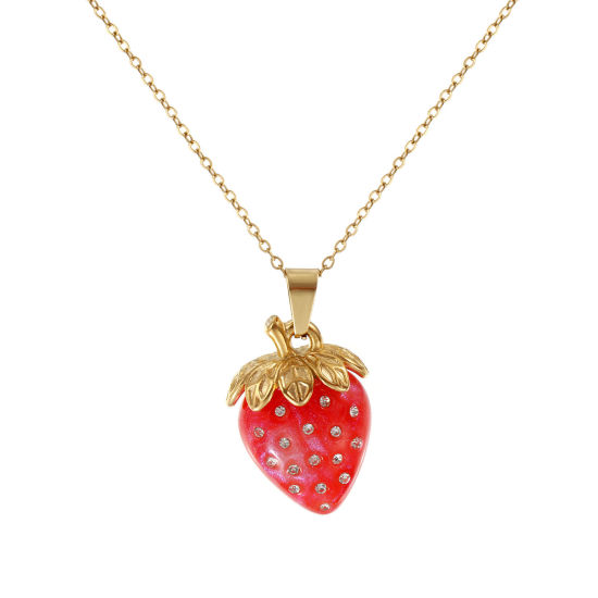 Immagine di 18K Vero Oro Placcato Catena a Cavo Fragola Collana con Ciondolo, Acciaio Inossidabile & Resina 45cm + 5cm, Per Donne, Trasparente Strass Rosa Caldo Madreperla, Squisito Dolce & Carino Regalo, Placcatura Sottovuoto PVD Ecologica, 1 Pz