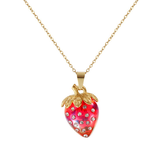 Immagine di 18K Vero Oro Placcato Catena a Cavo Fragola Collana con Ciondolo, Acciaio Inossidabile & Resina 45cm + 5cm, Per Donne, Trasparente Strass Rosso AB Colore, Squisito Dolce & Carino Regalo, Placcatura Sottovuoto PVD Ecologica, 1 Pz