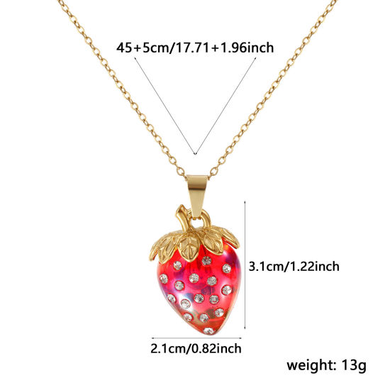 Immagine di 18K Vero Oro Placcato Catena a Cavo Fragola Collana con Ciondolo, Acciaio Inossidabile & Resina 45cm + 5cm, Per Donne, Trasparente Strass Rosso AB Colore, Squisito Dolce & Carino Regalo, Placcatura Sottovuoto PVD Ecologica, 1 Pz