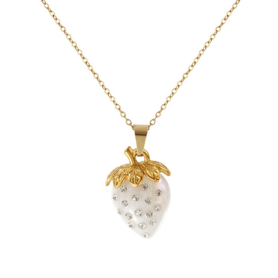 Immagine di 18K Vero Oro Placcato Catena a Cavo Fragola Collana con Ciondolo, Acciaio Inossidabile & Resina 45cm + 5cm, Per Donne, Trasparente Strass Bianco Madreperla, Squisito Dolce & Carino Regalo, Placcatura Sottovuoto PVD Ecologica, 1 Pz